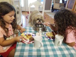 Two girls and a dog eating breakfast at the table.