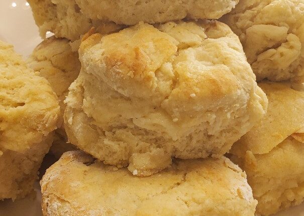 A plate of biscuits on top of each other.
