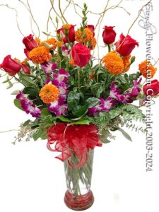 Red roses and marigolds